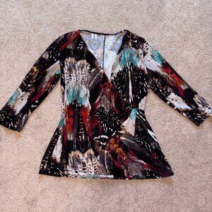 Brown Abstract Print Surplice Front Faux Wrap Career Blouse XL